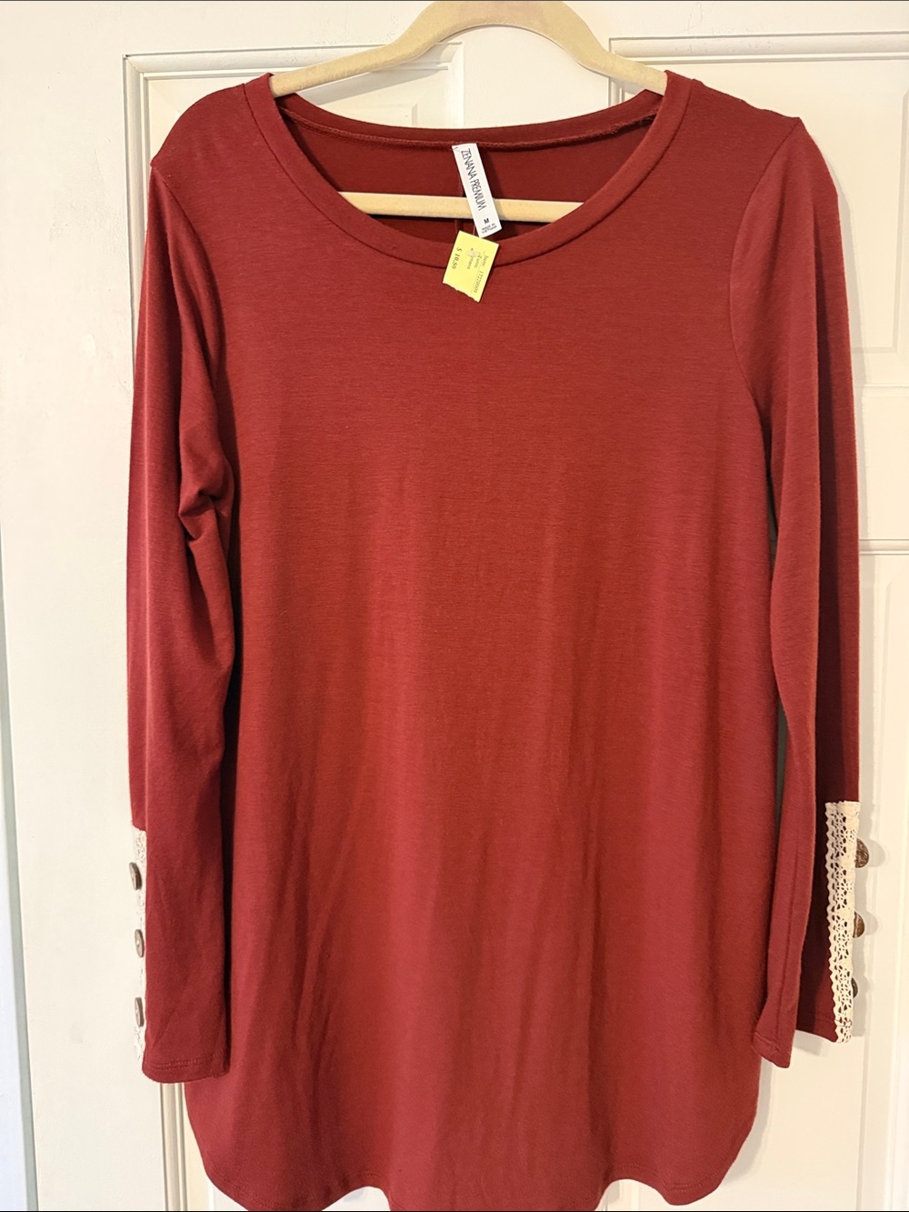 Zenana Outfitters Rust Long Sleeve Tunic with Lace Button Cuff